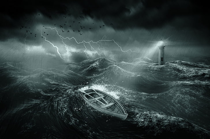 illustration des mers orageuses avec phare et bateau de clinker, nature, eau, mer, vagues, phare, tempête, foudre, sombre, bateau, pluie, oiseaux, nuages, lumières, art numérique, rayures, Fond d'écran HD