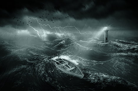 illustration of stormy seas with lighthouse and clinker boat, nature, water, sea, waves, lighthouse, storm, lightning, dark, boat, rain, birds, clouds, lights, digital art, scratches, HD wallpaper HD wallpaper