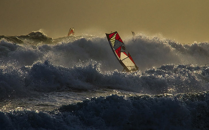sea, wave, the wind, sail, Board, Windsurfing, HD wallpaper