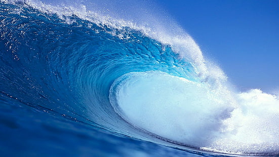 nature, waves, blue, water, splashes, sea, clear sky, HD wallpaper HD wallpaper