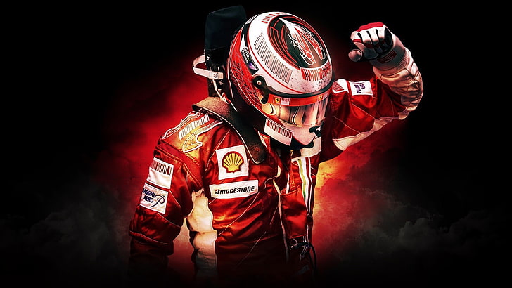 червено и бяло състезателно яке, Формула 1, Scuderia Ferrari, Kimi Raikkonen, спорт, HD тапет
