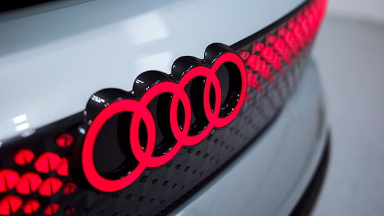Foto ravvicinata del logo Audi, Audi Elaine, Concept car, Vista posteriore, Logo, 4K, Sfondo HD HD wallpaper