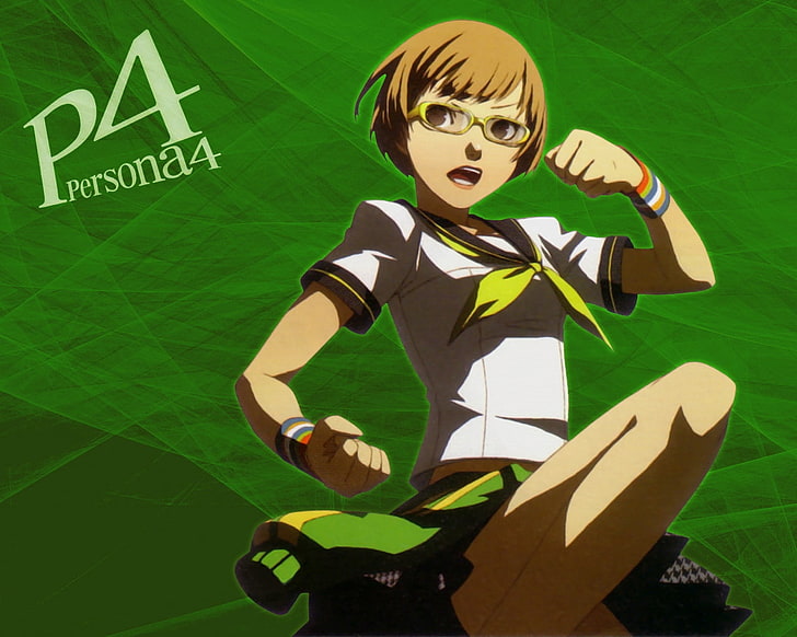 P4 Persona 4 anime character illustration, persona 4, satonaka chie, girl, glasses, posture, HD wallpaper