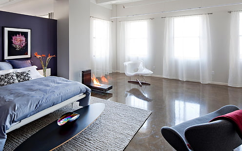 комплект мебели за спалня, интериор, спалня, интериорен дизайн, камина, вази, HD тапет HD wallpaper