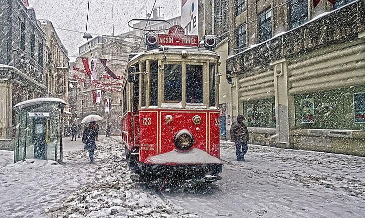 turkey istanbul taksim, snow, winter, tram, people, City, HD wallpaper