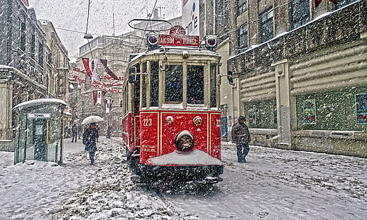 turquie istanbul taksim, neige, hiver, tram, gens, ville, Fond d'écran HD HD wallpaper