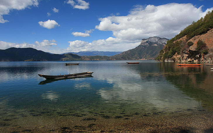 Beautiful China Lugu Lake scenery Wallpaper 11, brown wooden jon boat, HD wallpaper