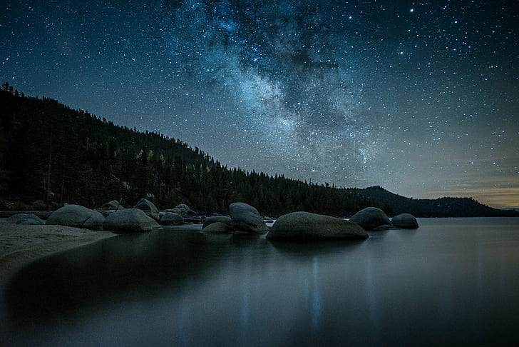 photo of stars over body of water during nighttime, nevada, lake tahoe, nevada, lake tahoe, Nighttime, Lake Tahoe, Chimney Beach, photo, stars, body of water, Night, photography, Milky Way, Sierra Nevada, star - Space, astronomy, galaxy, nature, nebula, sky, landscape, constellation, mountain, space, blue, dark, scenics, HD wallpaper