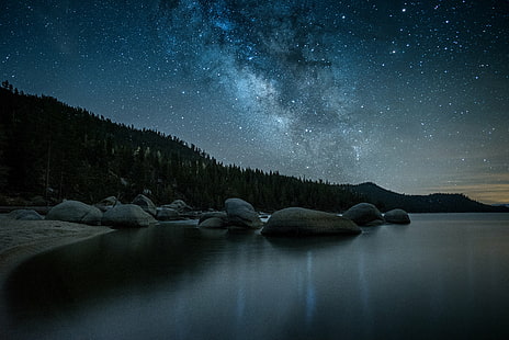 photo of stars over body of water during nighttime, nevada, lake tahoe, nevada, lake tahoe, Nighttime, Lake Tahoe, Chimney Beach, photo, stars, body of water, Night, photography, Milky Way, Sierra Nevada, star - Space, astronomy, galaxy, nature, nebula, sky, landscape, constellation, mountain, space, blue, dark, scenics, HD wallpaper HD wallpaper