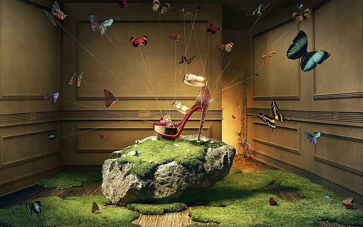 Christian Louboutin Shoes, grass, butterflies, christian, shoes, 3d and abstract, HD wallpaper