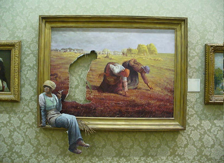 humor banksy painting picture frames women galleries artwork walls, HD wallpaper
