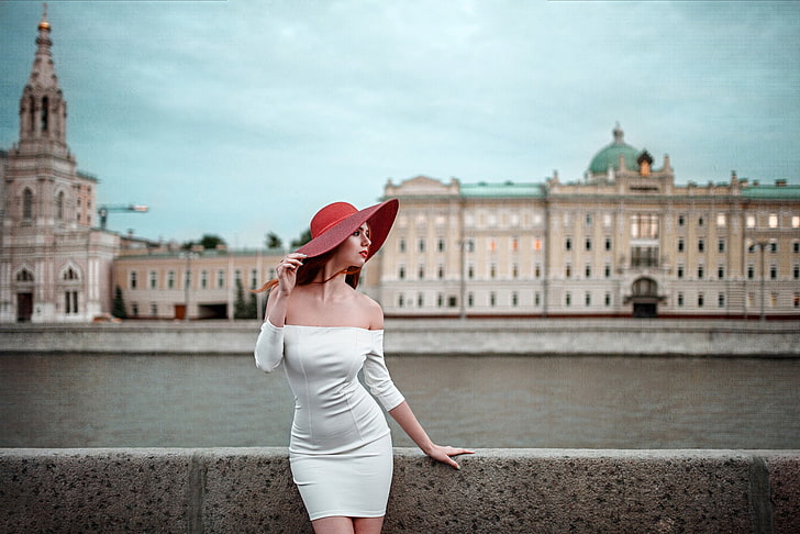 women, white dress, redhead, hat, city, red lipstick, dress, millinery, looking away, standing, photography, women outdoors, urban, bare shoulders, river, face, HD wallpaper