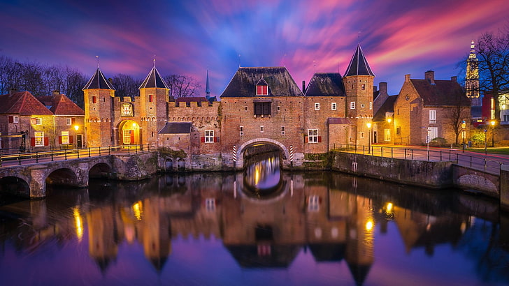body of water and brown concrete buildings, nature, landscape, architecture, castle, clouds, water, reflection, long exposure, lights, tower, sunset, bridge, Netherlands, Europe, HD wallpaper