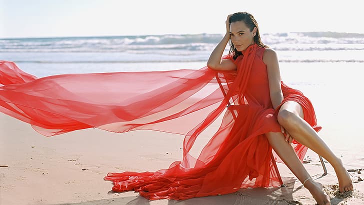 Гал Гадот, актриса, брюнетка, плаж, червена рокля, крака, гледащ зрителя, ръка върху главата, HD тапет