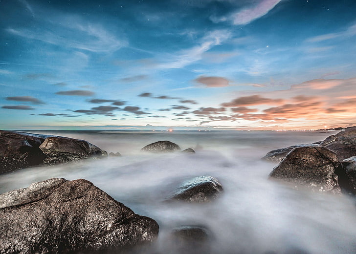 mgła, zamglona, ​​długa ekspozycja, ocean, skały, morze, niebo, Tapety HD