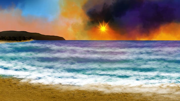 digital painting, digital art, colorful, twilight, shoreline, beach, HD wallpaper