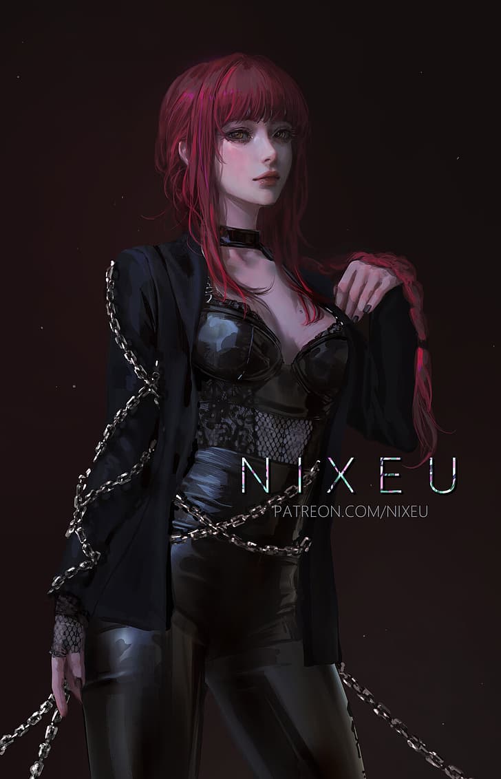 Nixeu, menggambar, wanita, berambut merah, pakaian hitam, rantai, latar belakang sederhana, Wallpaper HD, wallpaper seluler