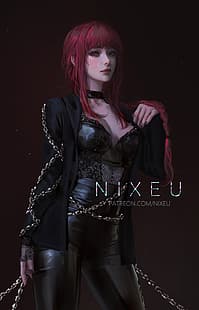 Nixeu, рисунок, женщины, рыжая, черная одежда, цепи, простой фон, HD обои HD wallpaper