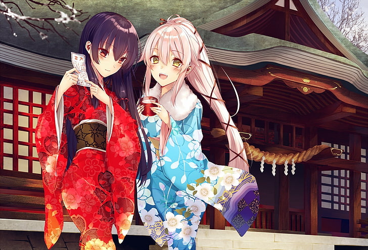 أنيمي ، بنات أنيمي ، Isokaze (KanColle) ، مجموعة Kantai ، كيمونو ، ملابس تقليدية ، Yura (KanColle)، خلفية HD