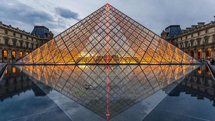 glass greenhouse, lights, glass, Louvre, evening, Paris, city, HD wallpaper