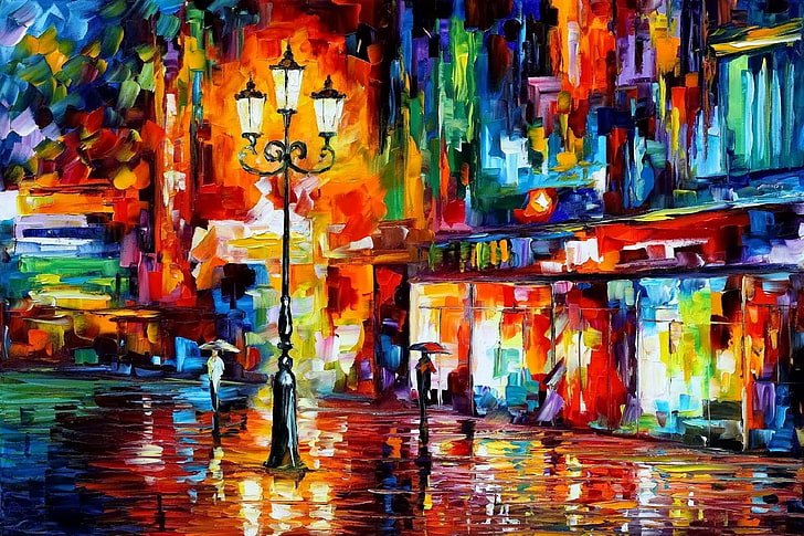 lukisan abstrak berbagai macam warna, lukisan, warna-warni, lampu jalan, Leonid Afremov, karya seni, payung, Wallpaper HD