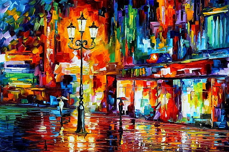 Разноцветная абстрактная живопись, живопись, разноцветный, уличный фонарь, Леонид Афремов, произведение искусства, зонт, HD обои HD wallpaper