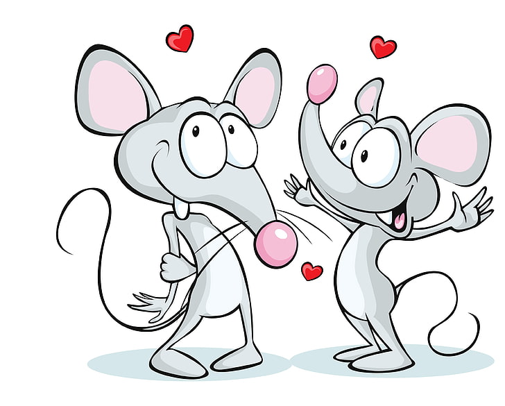 illustrazione di due ratti grigi, cuori, sfondo bianco, amanti del topo, amanti del topo, Sfondo HD
