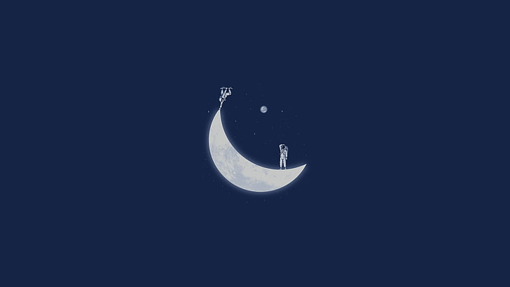ilustração da lua crescente, estrelas, espaço, astronauta, minimalismo, HD papel de parede
