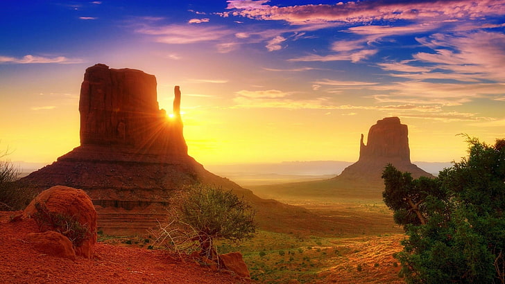 horyzont, Arizona, Utah, Stany Zjednoczone, pustynia, tworzenie, park narodowy, skała, atrakcja turystyczna, niebo, Badlands, ranek, świt, Monument Valley, wschód słońca, punkt orientacyjny, park plemienny Navajo, Tapety HD