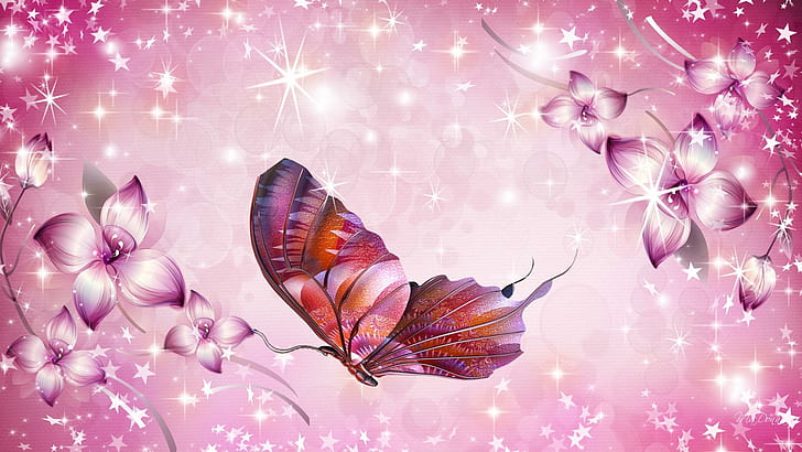 Flores estrelas borboletas, persona do firefox, brilhante, estrelas, brilho, borboleta, bokeh, 3d, abstrato, flores, rosa, HD papel de parede