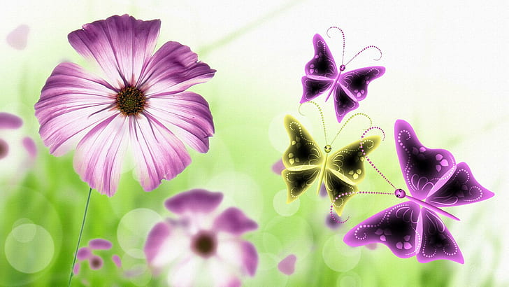 Purpurrote Blumen-Schmetterlinge, purpurrote und weiße Blumen mit Schmetterlingsillustration, Firefoxperson, Grün, Schmetterling, Blumen, künstlerisch, Frühling, Gerbera, Schmetterlinge, Sommer, Gänseblümchen, 3d, HD-Hintergrundbild
