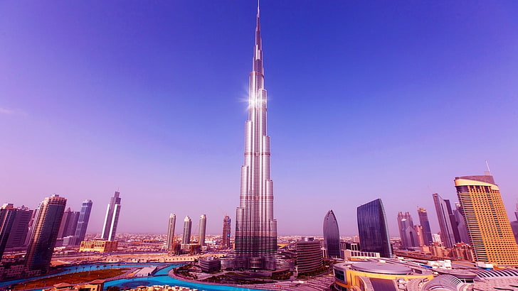 흰색과 회색 고층 빌딩, 두바이, 버즈 칼리파, 도시 풍경, HD 배경 화면
