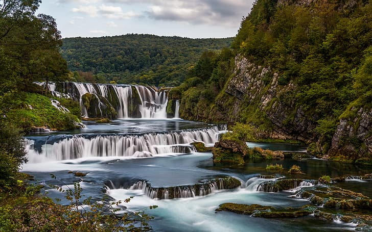 forest, rock, river, waterfalls, cascade, Bosnia and Herzegovina, Štrbački Buk Waterfalls, Река Уна, Una River, HD wallpaper