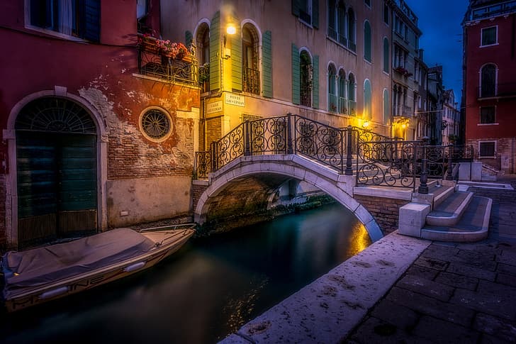 water, the city, lights, street, boat, home, the evening, Italy, Venice, channel, the bridge, HD wallpaper