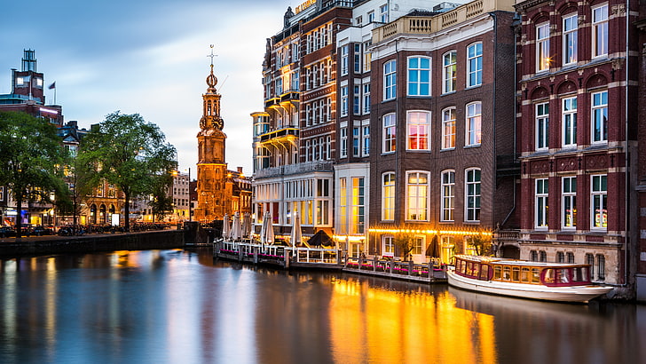 ボート、建物、アムステルダム、 HDデスクトップの壁紙