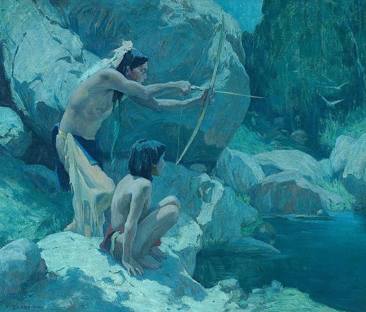 bow, arrow, hunting, river, 1923, Eanger Irving Couse, Night Birds, HD wallpaper