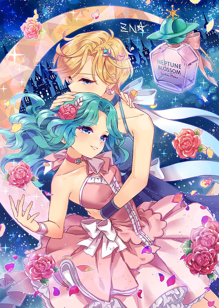 dos mujeres, perfume, arete, flores, vestido, Sailor Moon, Fondo de pantalla HD, fondo de pantalla de teléfono
