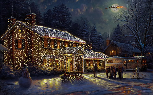 Tela, natal, luzes de natal, filmes, lampoons nacionais, férias de natal, pintura a óleo, HD papel de parede HD wallpaper