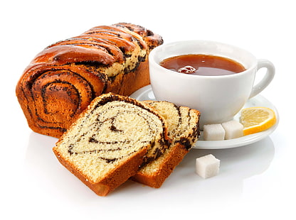 breads, ceramic cup and saucer, tea, cup, bread, poppy, breakfast, sugar, lemon, white background, HD wallpaper HD wallpaper