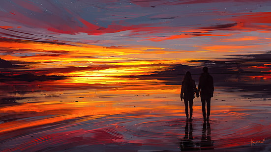 silhouette of couple holding hands painting, artwork, illustration, Aenami, sunset, love, HD wallpaper HD wallpaper