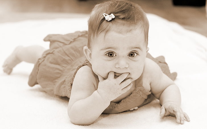 infant's sleeveless dress, baby, child, girl, dress, lying, black and white, HD wallpaper