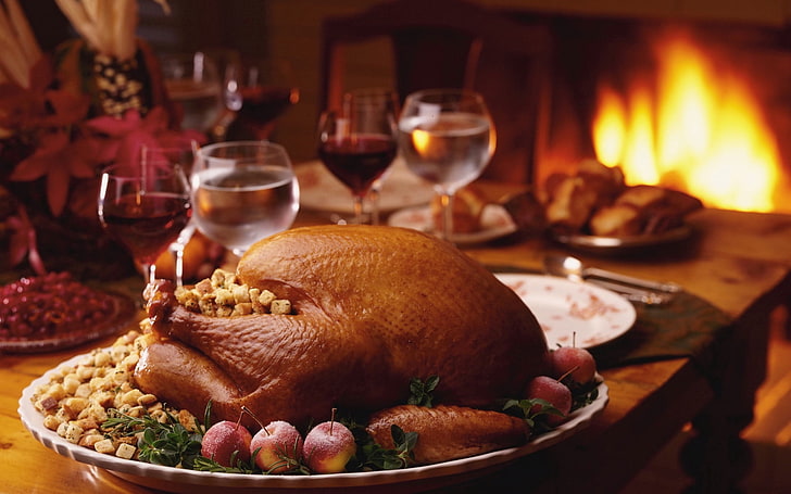 roast turkey, chicken, baked, food, dinner, HD wallpaper