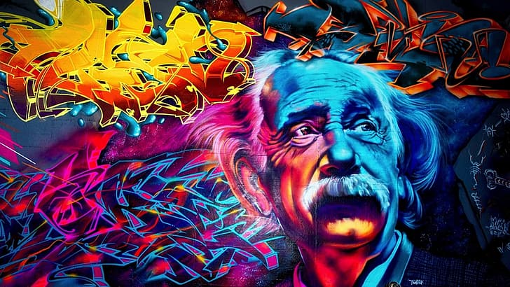 orange, blue, red, yellow, graffiti, Albert Einstein, white, black, grey, HD wallpaper