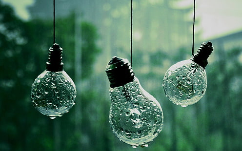 three light bulbs, water drops, lightbulb, rain, photography, depth of field, light bulb, green, HD wallpaper HD wallpaper