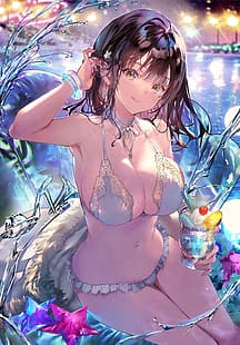 Anime-Mädchen, Dekolleté, vertikal, Grafik, Bikini, tropisch, brünett, HD-Hintergrundbild HD wallpaper