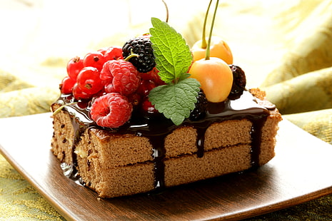 moist mocha cake with fruits toppings, cake, chocolate, frosting, berries, cherries, raspberries, currants, blackberries, mint, sweet, dessert, HD wallpaper HD wallpaper