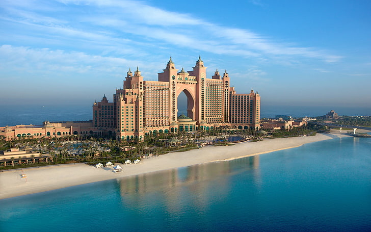 коричневое бетонное здание, гостиница, пляж, здание, архитектура, Дубай, HD обои