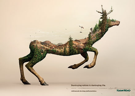 иллюстрация коричневого оленя, цифровое искусство, животные, окружающая среда, живая природа, двойная экспозиция, плакат, простой фон, олень, деревья, разрушение, природа, вертолеты, расчистка леса, лес, холмы, экология, дерево, птицы, произведение искусства, Робин Вуд, HD обои HD wallpaper