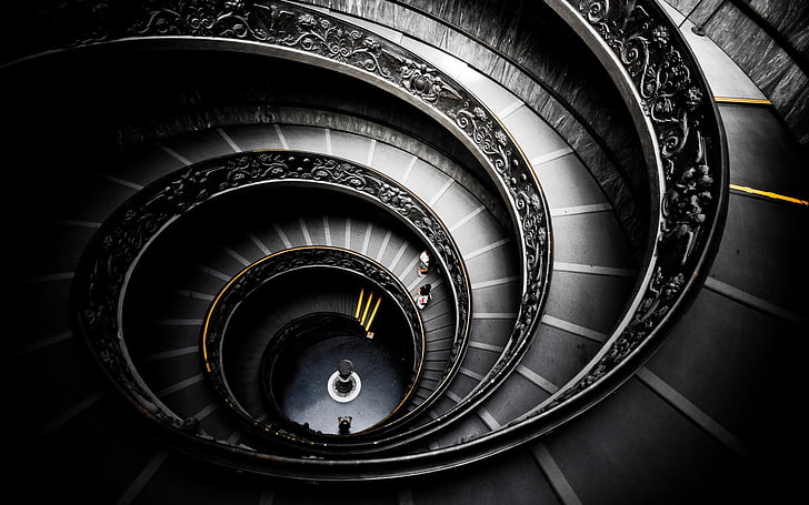 szare schody spiralne tapeta cyfrowa, schody, poręcz, Watykan, muzeum, turystyka, architektura, Rzym, Włochy, dekoracje, spirala, wybiórcze barwienie, Tapety HD