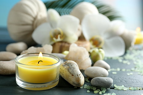 candela votiva gialla, fiori, pietre, candele, relax, spa, natura morta, sale, benessere, Sfondo HD HD wallpaper